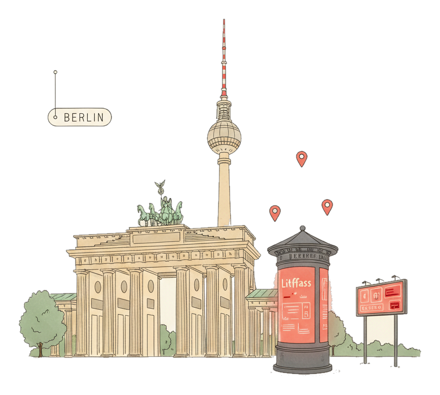 Illustrated Berlin's Brandenburg Gate and TV Tower with glowing coral Blindspot DOOH advertising screens