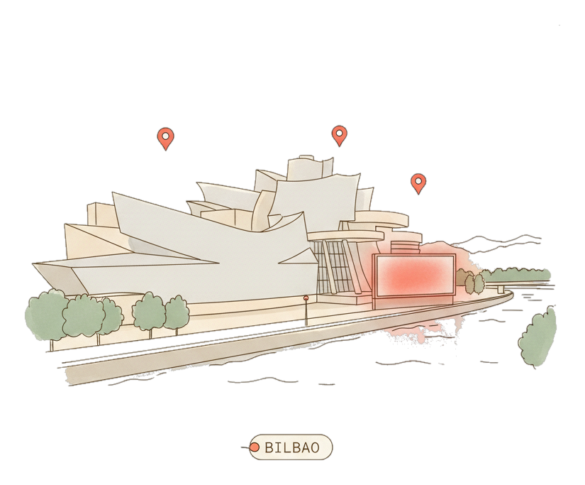 Illustrated Bilbao landmark with glowing coral Blindspot DOOH advertising screens