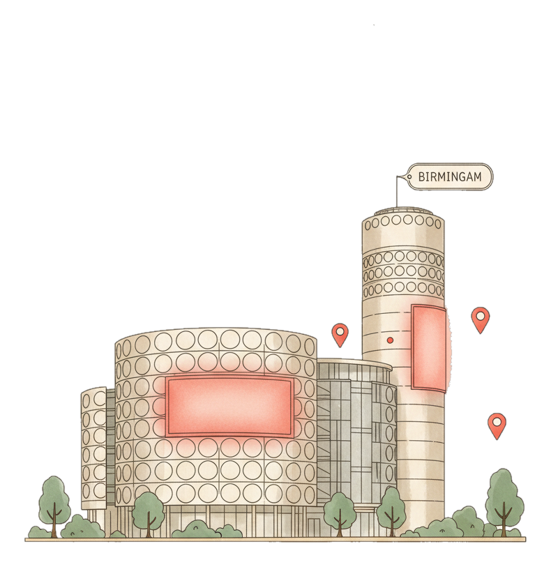 Illustrated Birmingham landmark with glowing coral Blindspot DOOH advertising screens