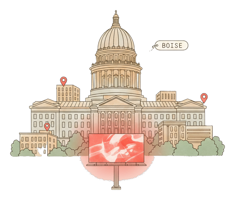 Illustrated Boise landmark with glowing coral Blindspot DOOH advertising screens