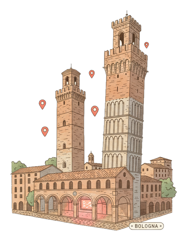 Illustrated Bologna landmark with glowing coral Blindspot DOOH advertising screens
