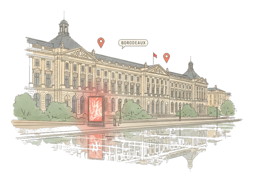 Illustrated Bordeaux landmark with glowing coral Blindspot DOOH advertising screens