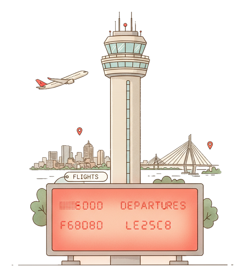 Illustrated Boston Logan International Airport landmark with glowing coral Blindspot DOOH advertising screens