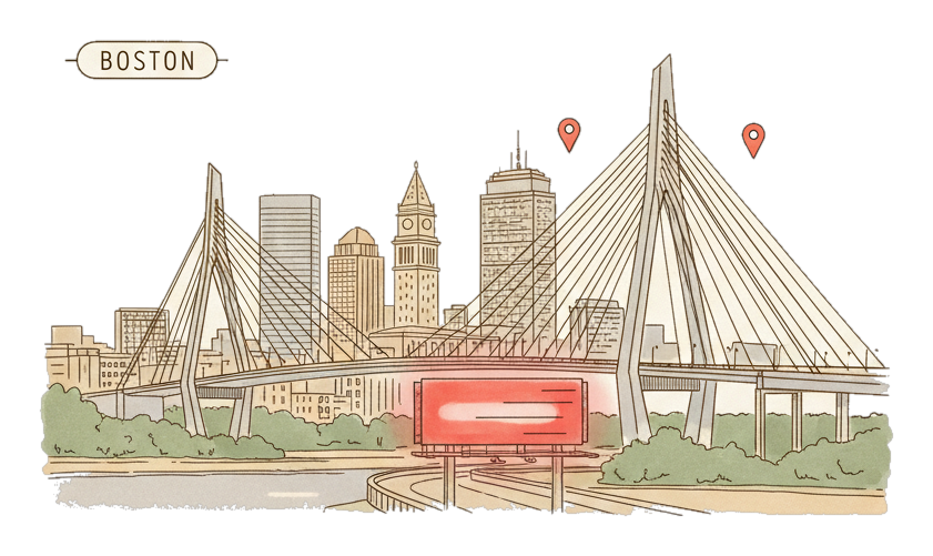 Illustrated Boston's Zakim Bridge and downtown skyline with glowing coral Blindspot DOOH advertising screens
