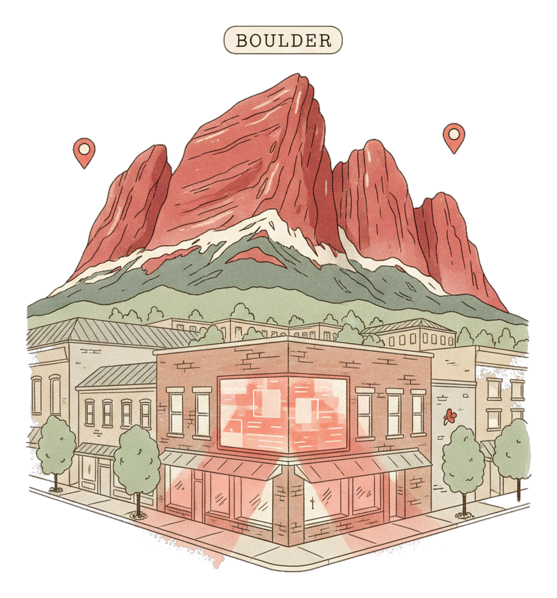 Illustrated Boulder landmark with glowing coral Blindspot DOOH advertising screens