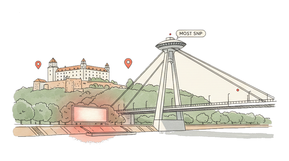 Illustrated Bratislava landmark with glowing coral Blindspot DOOH advertising screens