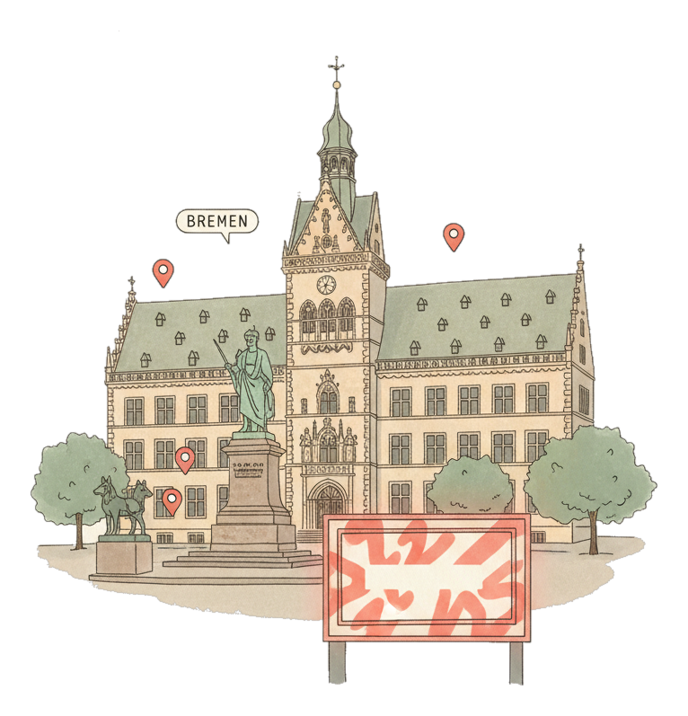 Illustrated Bremen landmark with glowing coral Blindspot DOOH advertising screens