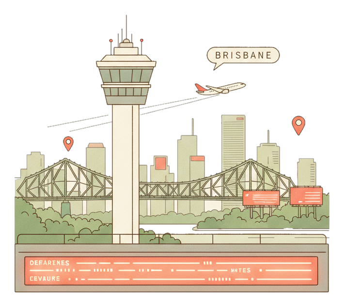 Illustrated Brisbane Airport landmark with glowing coral Blindspot DOOH advertising screens