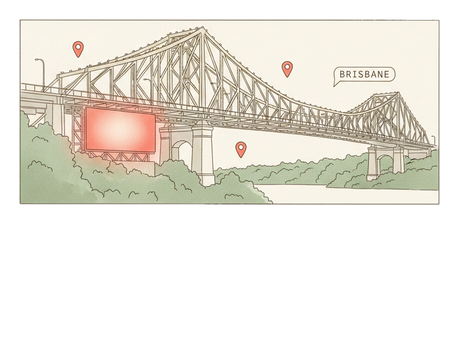 Illustrated Brisbane landmark with glowing coral Blindspot DOOH advertising screens