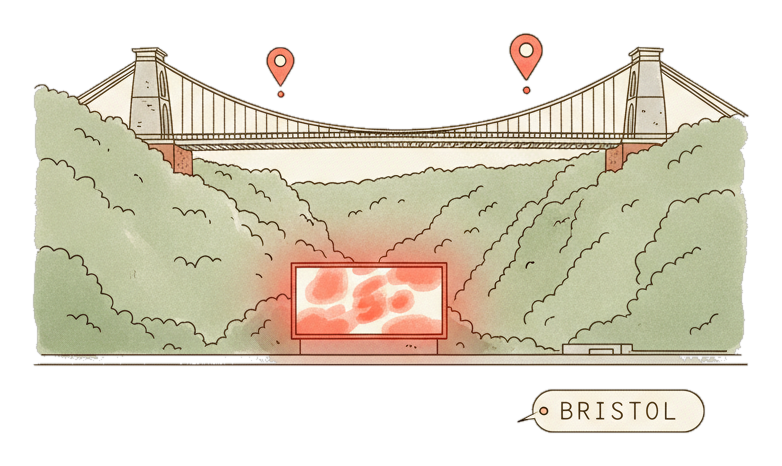 Illustrated Bristol landmark with glowing coral Blindspot DOOH advertising screens