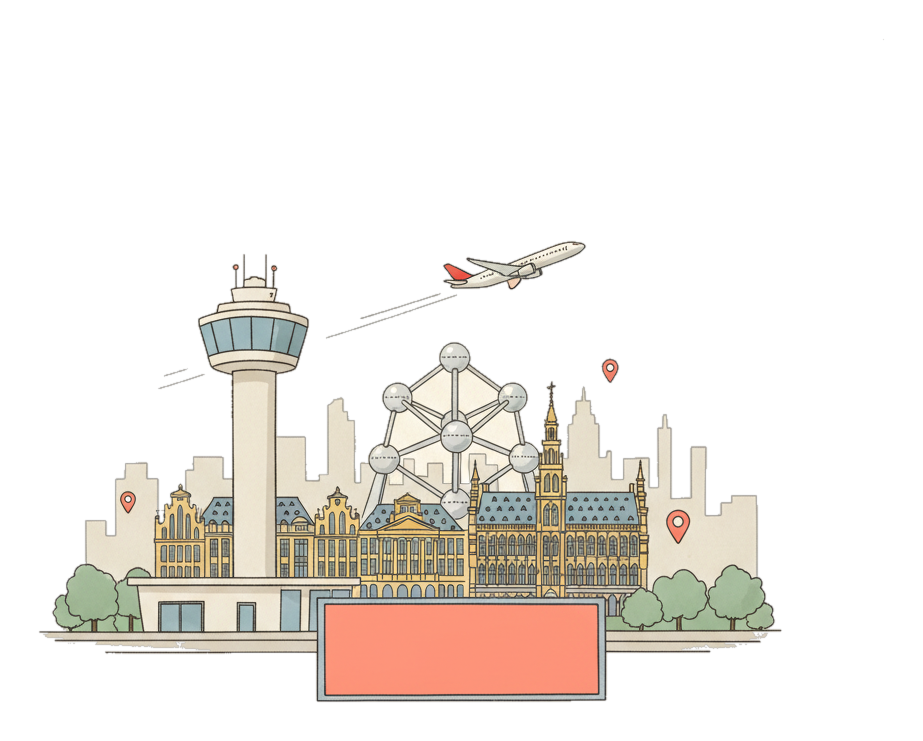 Illustrated Brussels Airport landmark with glowing coral Blindspot DOOH advertising screens