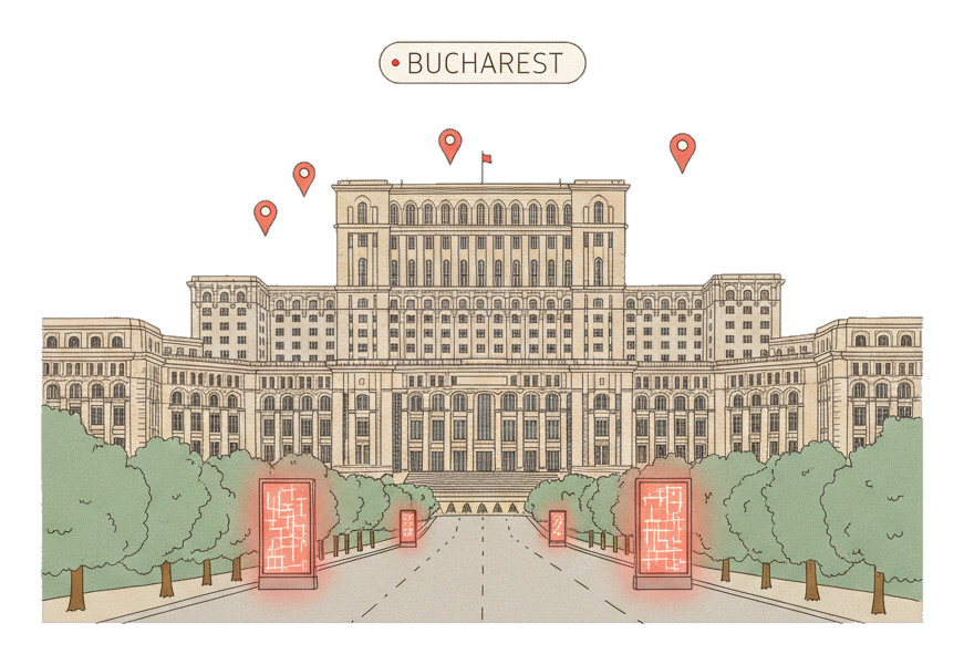 Illustrated Bucharest's Palace of the Parliament with glowing coral Blindspot DOOH advertising screens
