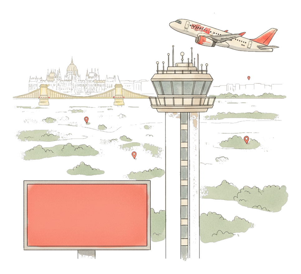 Illustrated Budapest Ferenc Liszt International Airport landmark with glowing coral Blindspot DOOH advertising screens