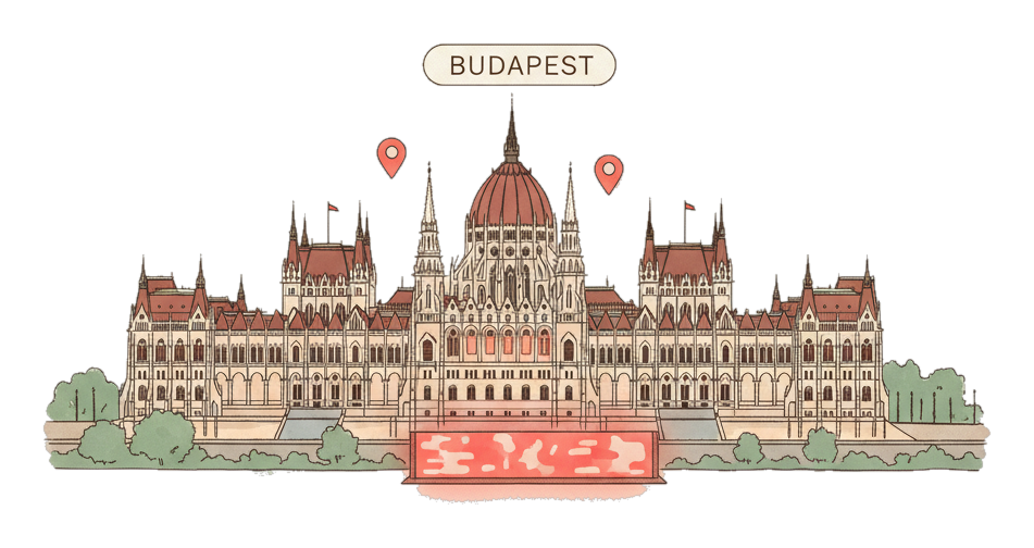 Illustrated Budapest landmark with glowing coral Blindspot DOOH advertising screens
