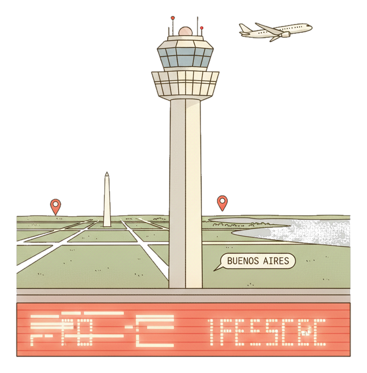 Illustrated Buenos Aires Ezeiza Airport landmark with glowing coral Blindspot DOOH advertising screens