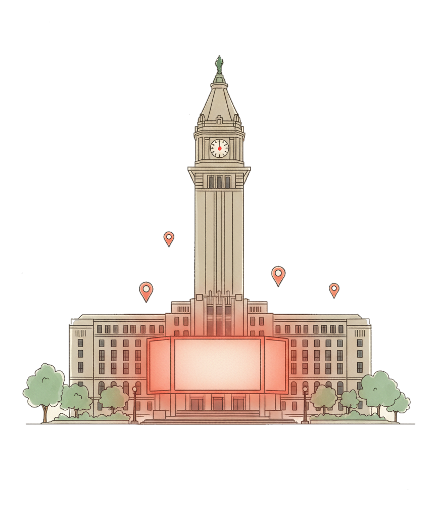 Illustrated Buffalo landmark with glowing coral Blindspot DOOH advertising screens