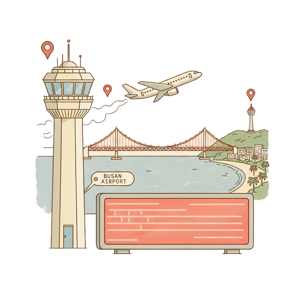 Illustrated Gimhae International Airport landmark with glowing coral Blindspot DOOH advertising screens