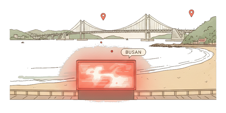 Illustrated Busan landmark with glowing coral Blindspot DOOH advertising screens