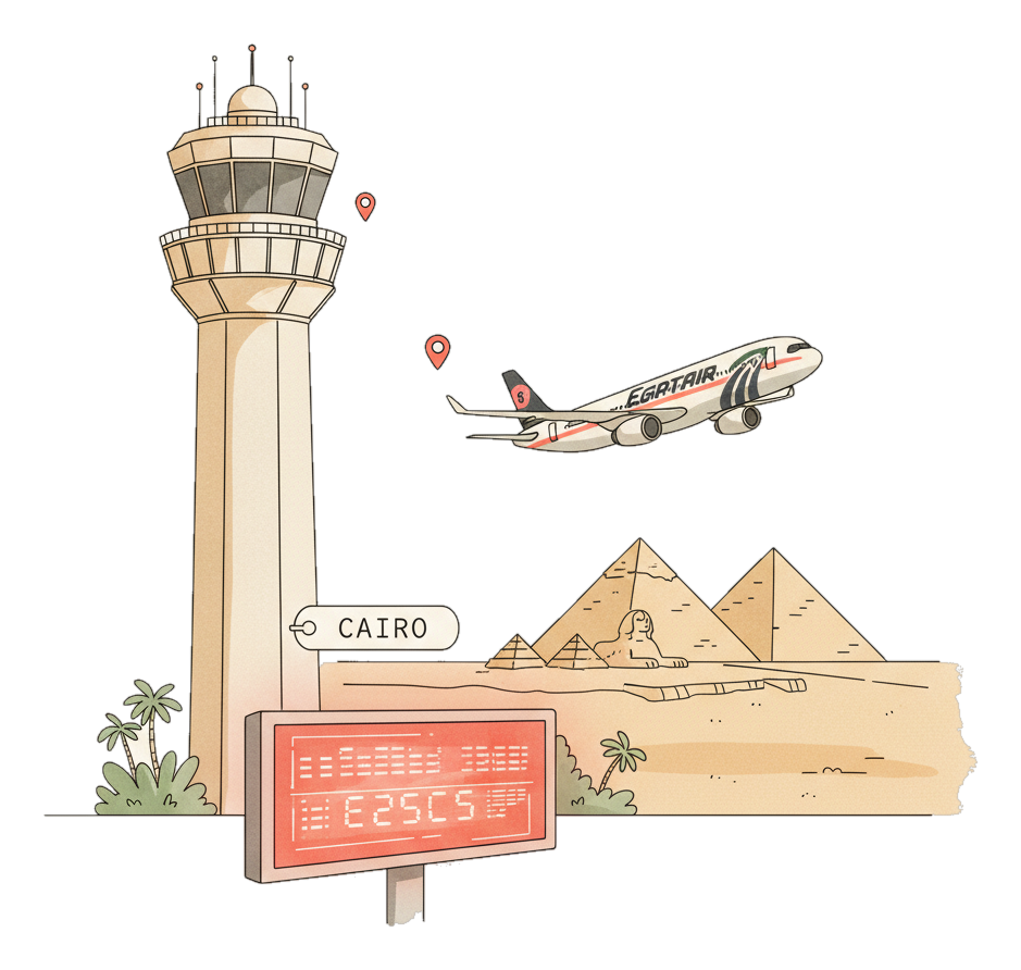 Illustrated Cairo International Airport landmark with glowing coral Blindspot DOOH advertising screens