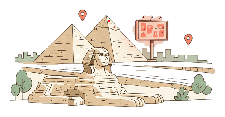 Illustrated Cairo landmark with glowing coral Blindspot DOOH advertising screens