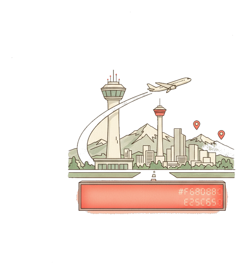 Illustrated Calgary International Airport landmark with glowing coral Blindspot DOOH advertising screens
