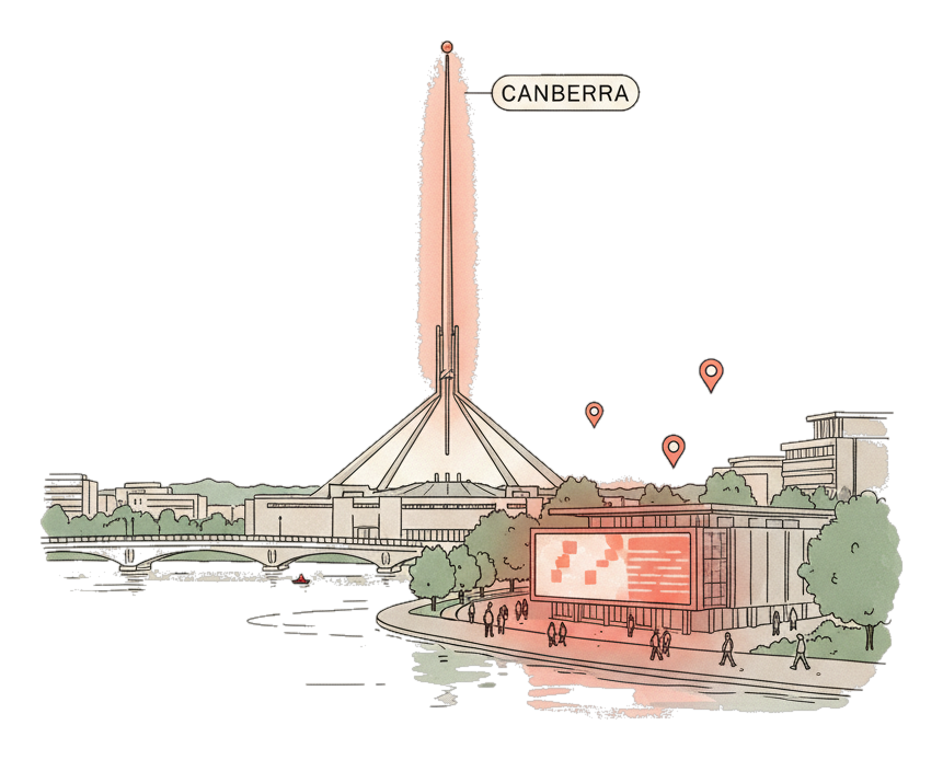 Illustrated Canberra landmark with glowing coral Blindspot DOOH advertising screens