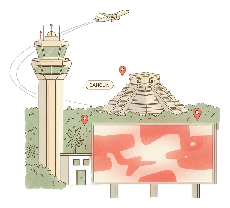 Illustrated Cancún International Airport landmark with glowing coral Blindspot DOOH advertising screens