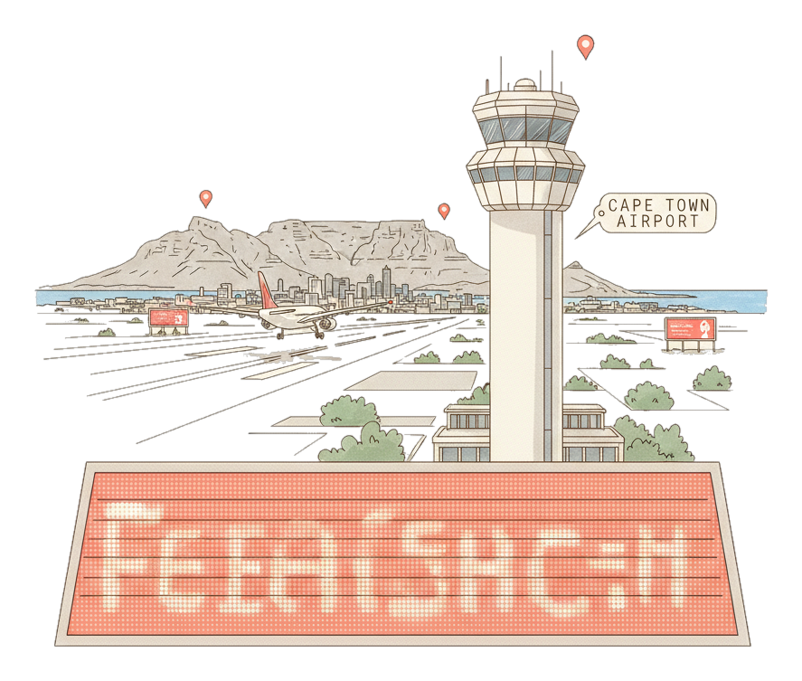 Illustrated Cape Town International Airport landmark with glowing coral Blindspot DOOH advertising screens