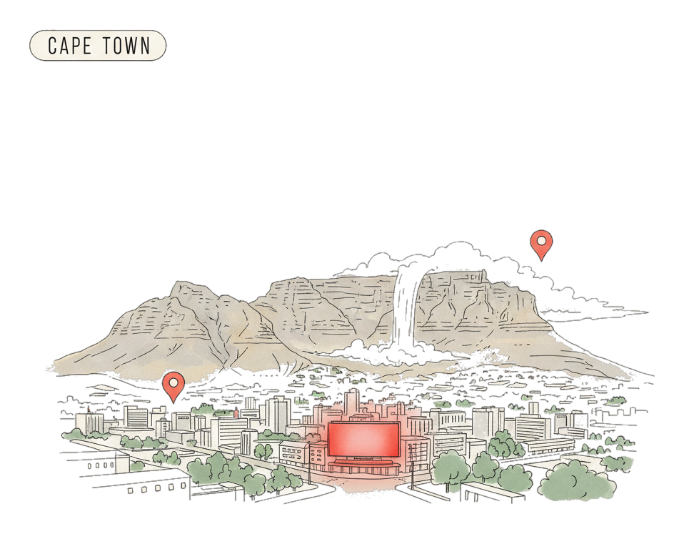 Illustrated Cape Town landmark with glowing coral Blindspot DOOH advertising screens