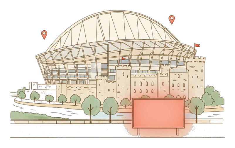 Illustrated Cardiff landmark with glowing coral Blindspot DOOH advertising screens