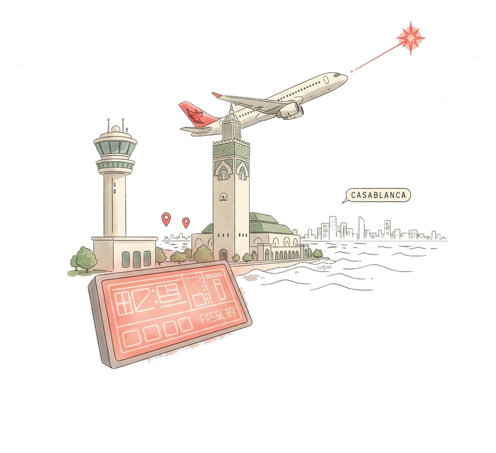 Illustrated Mohammed V International Airport landmark with glowing coral Blindspot DOOH advertising screens
