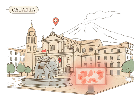 Illustrated Catania landmark with glowing coral Blindspot DOOH advertising screens