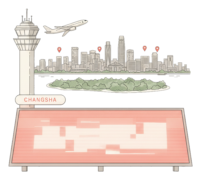 Illustrated Changsha Huanghua International Airport landmark with glowing coral Blindspot DOOH advertising screens