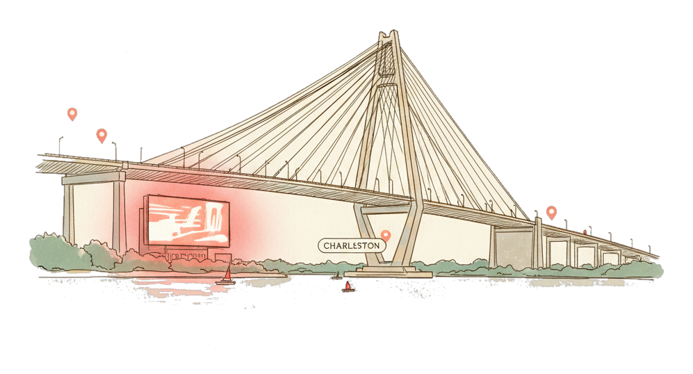 Illustrated Charleston landmark with glowing coral Blindspot DOOH advertising screens