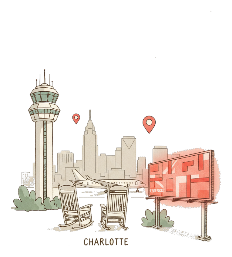 Illustrated Charlotte Airport landmark with glowing coral Blindspot DOOH advertising screens
