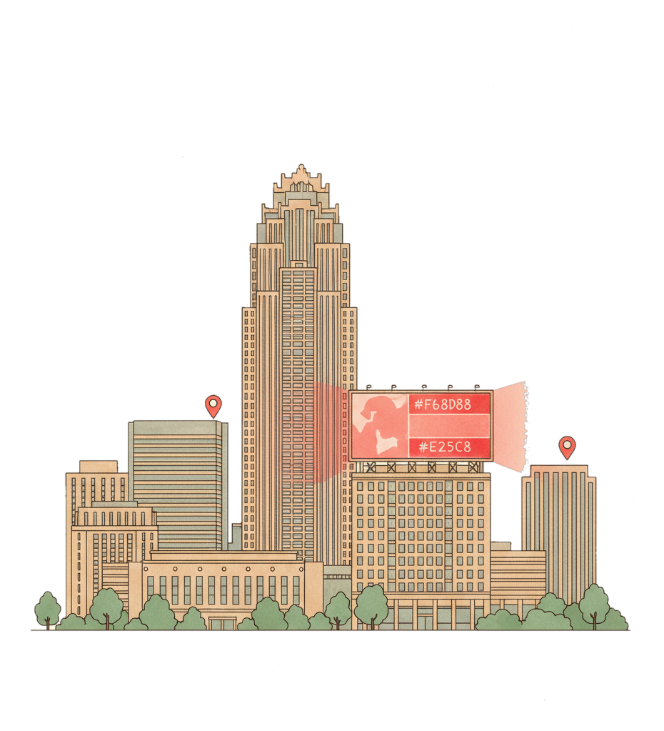 Illustrated Charlotte landmark with glowing coral Blindspot DOOH advertising screens