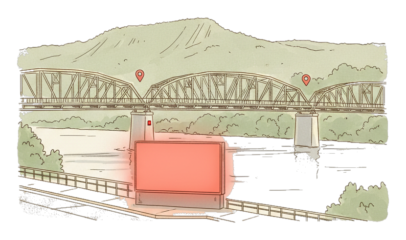 Illustrated Chattanooga landmark with glowing coral Blindspot DOOH advertising screens