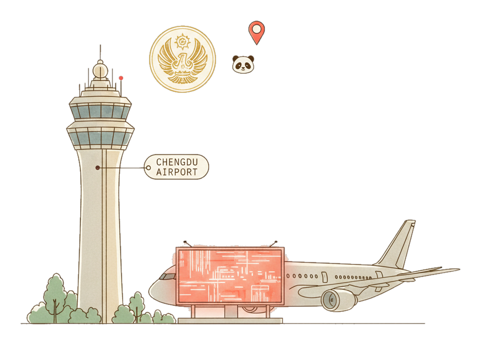 Illustrated Chengdu Tianfu Airport landmark with glowing coral Blindspot DOOH advertising screens