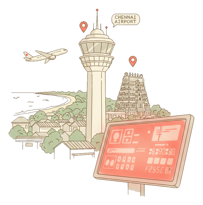 Illustrated Chennai International Airport landmark with glowing coral Blindspot DOOH advertising screens