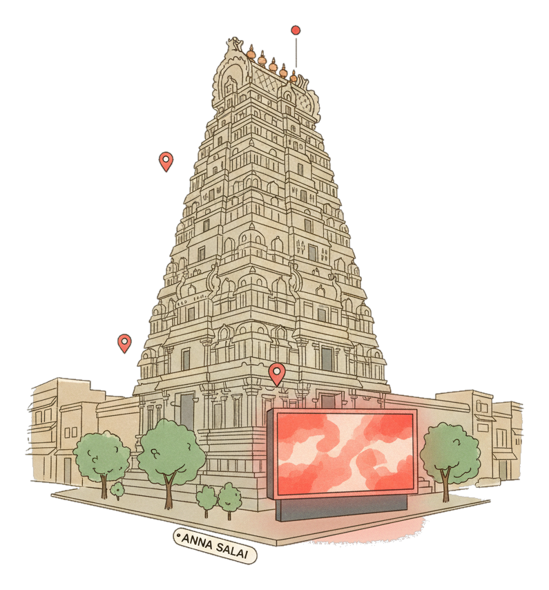 Illustrated Chennai landmark with glowing coral Blindspot DOOH advertising screens