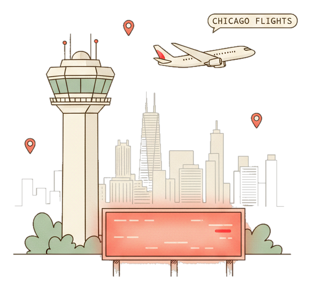 Illustrated Chicago O'Hare landmark with glowing coral Blindspot DOOH advertising screens