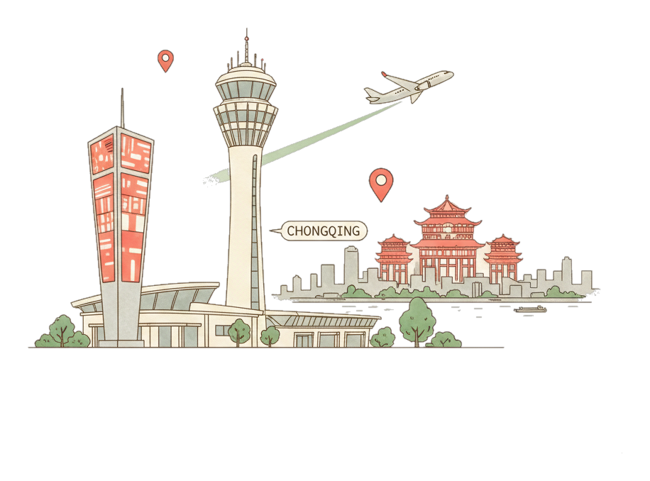 Illustrated Chongqing Airport landmark with glowing coral Blindspot DOOH advertising screens