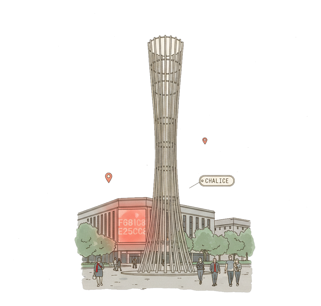 Illustrated Christchurch landmark with glowing coral Blindspot DOOH advertising screens