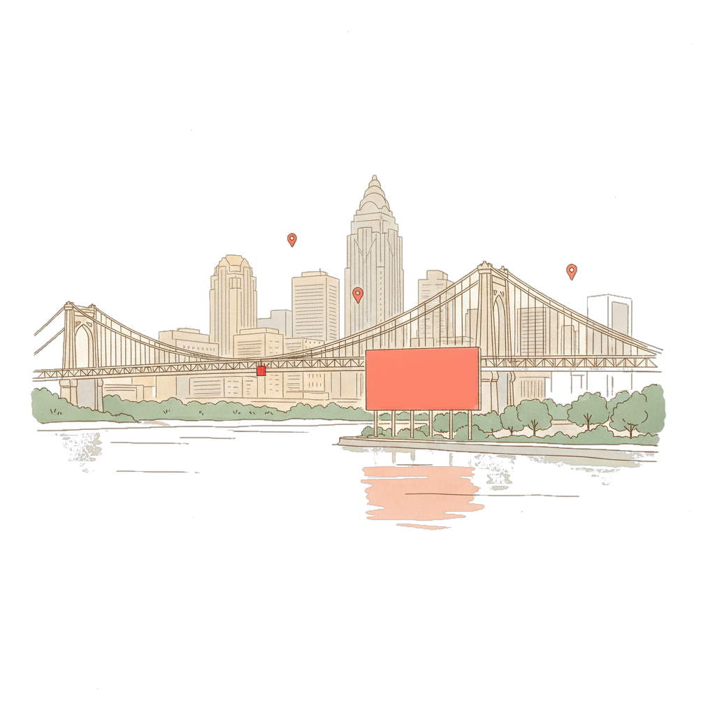 Illustrated Cincinnati landmark with glowing coral Blindspot DOOH advertising screens