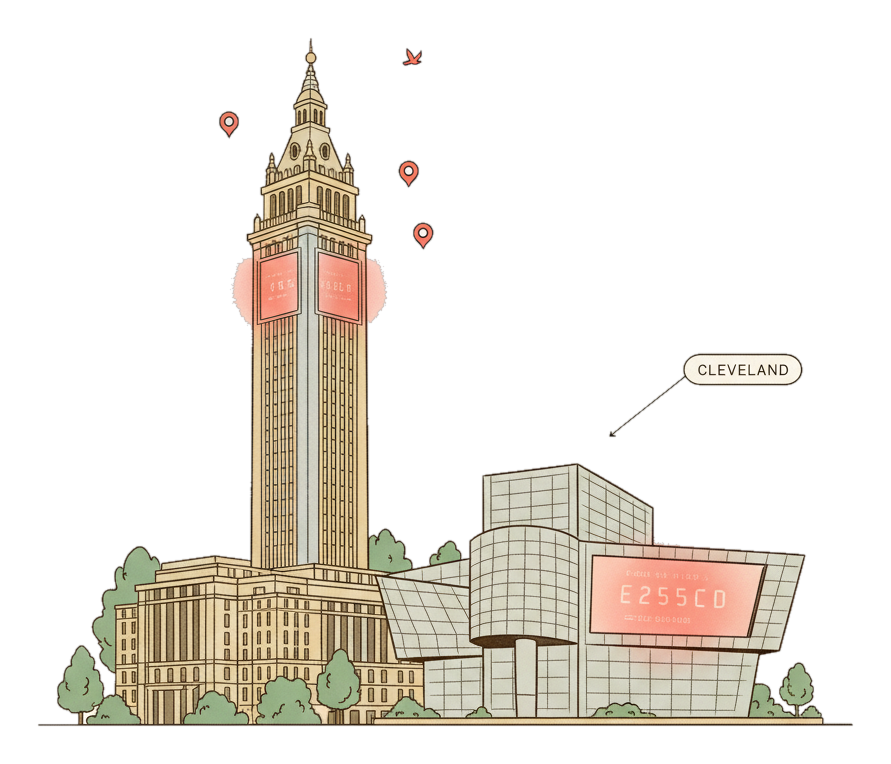 Illustrated Cleveland landmark with glowing coral Blindspot DOOH advertising screens