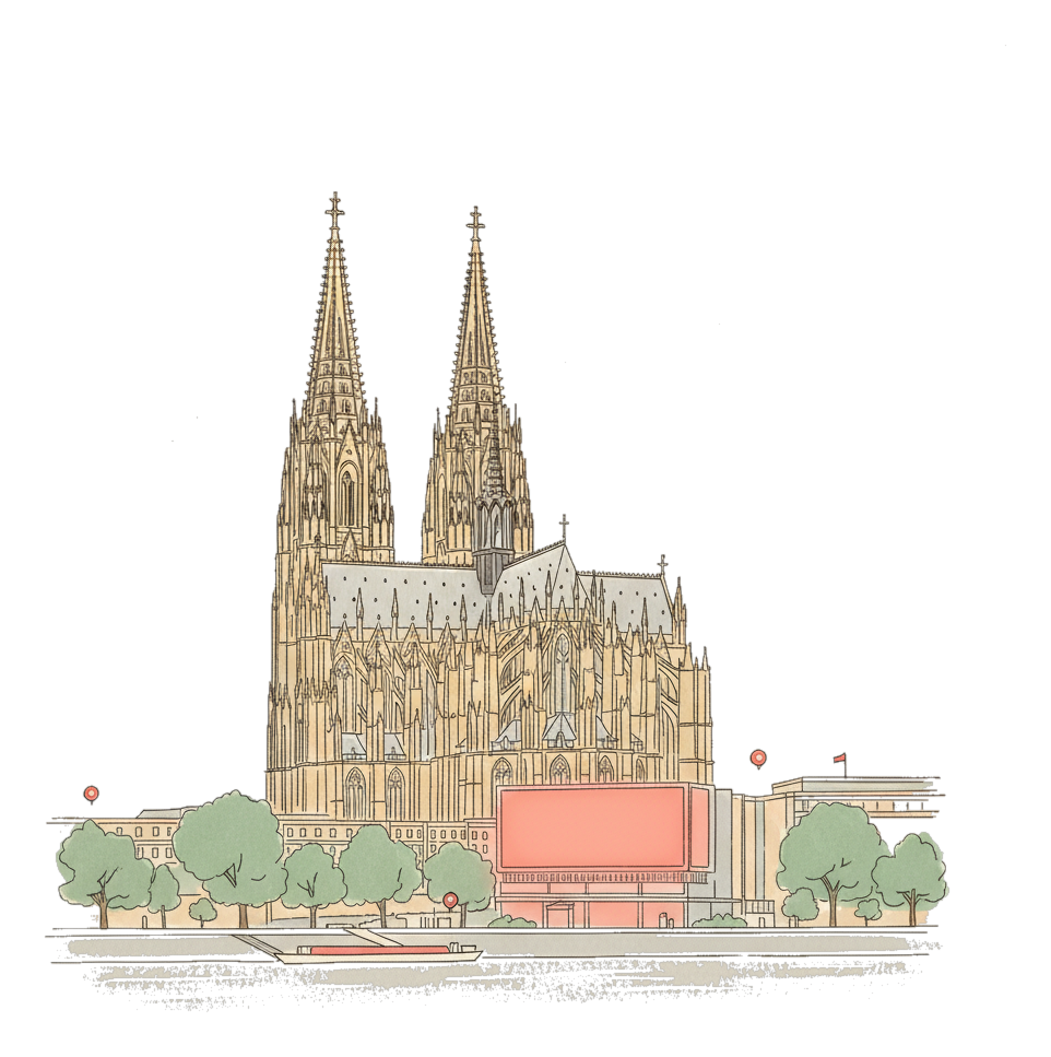 Illustrated Cologne landmark with glowing coral Blindspot DOOH advertising screens