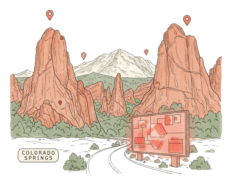 Illustrated Colorado Springs landmark with glowing coral Blindspot DOOH advertising screens