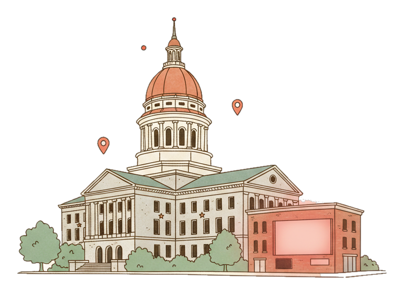 Illustrated Columbia landmark with glowing coral Blindspot DOOH advertising screens