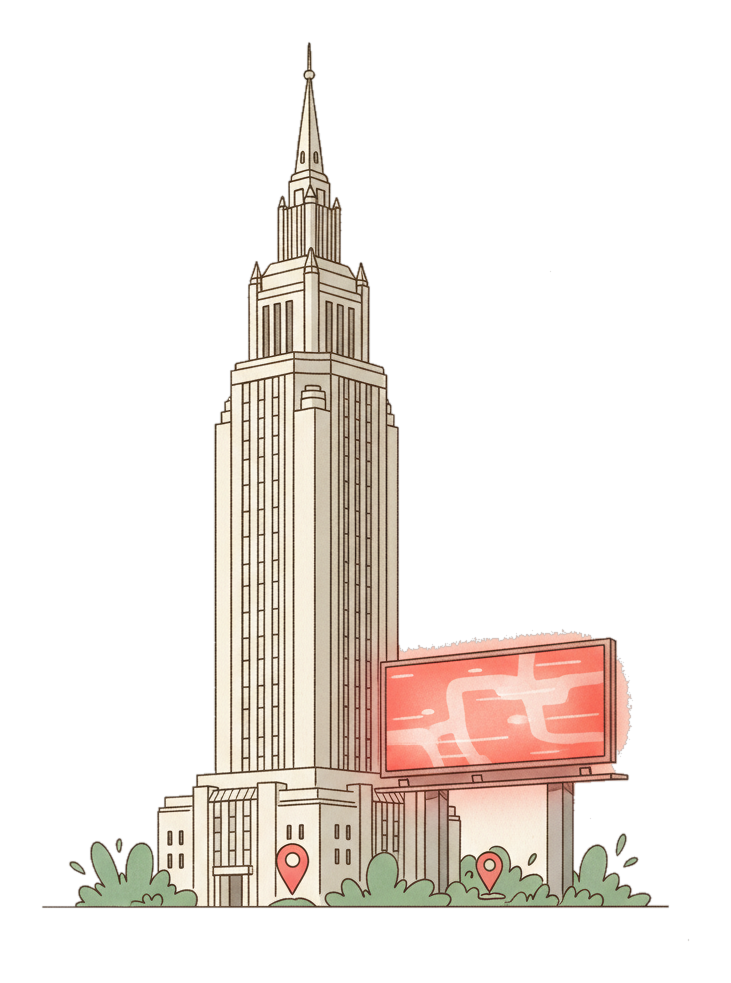 Illustrated Columbus landmark with glowing coral Blindspot DOOH advertising screens