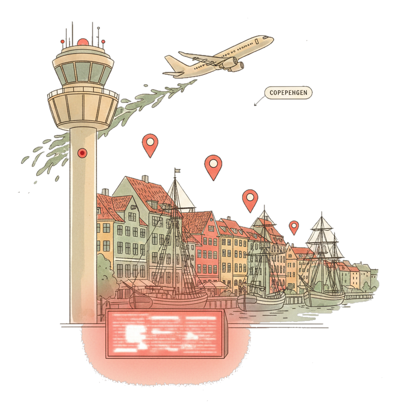 Illustrated Copenhagen Airport landmark with glowing coral Blindspot DOOH advertising screens